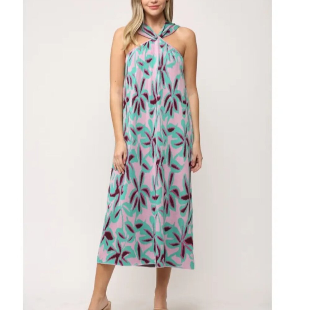 NWT Fate Jade Multi Print Halter Neck Midi Dress Size S